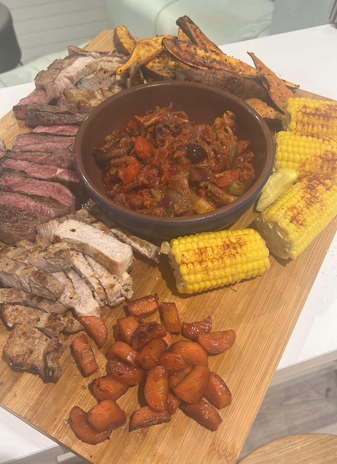 Grazing board with steak, corn and caponata